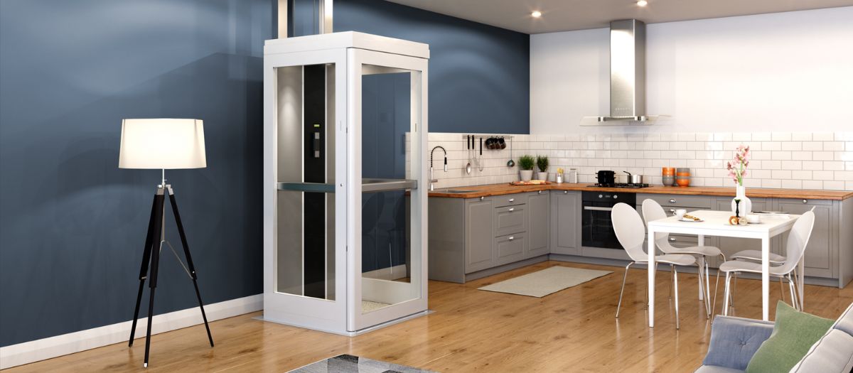 Bruno XL home elevator in a kitchen between two walls