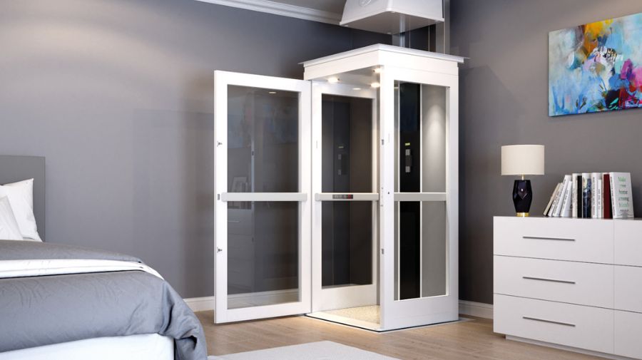 Bruno Connect home elevator in a bedroom with the cab door open