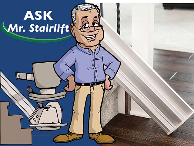 cartoon image of mr stairlift from bruno standing next to a stairlift rail