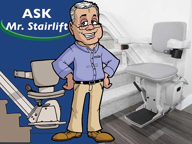 cartoon image of mr stairlift from bruno next to a curved stairlift