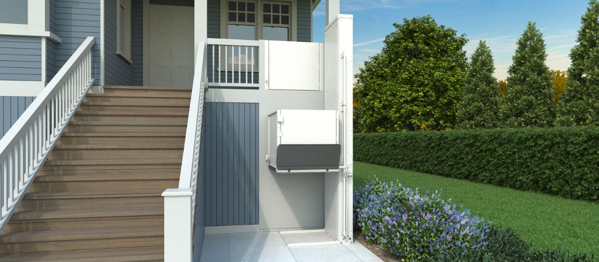 Bruno residential vertical platform lift on a deck