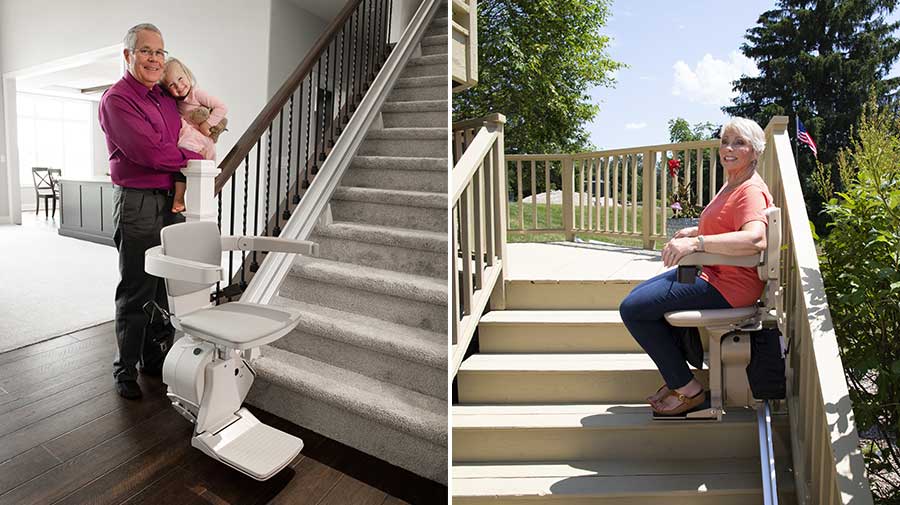 Bruno Elan stair lift with man in living room and woman on outdoor stair lift
