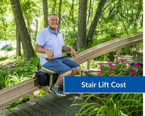 man riding bruno stair lift outdoors
