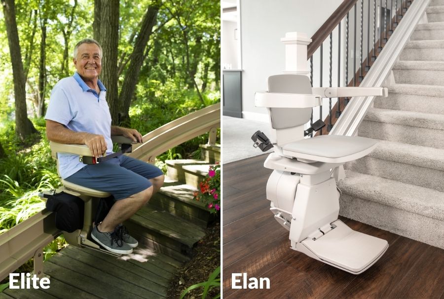 Bruno Elan stairlift at the bottom of a carpeted staircase