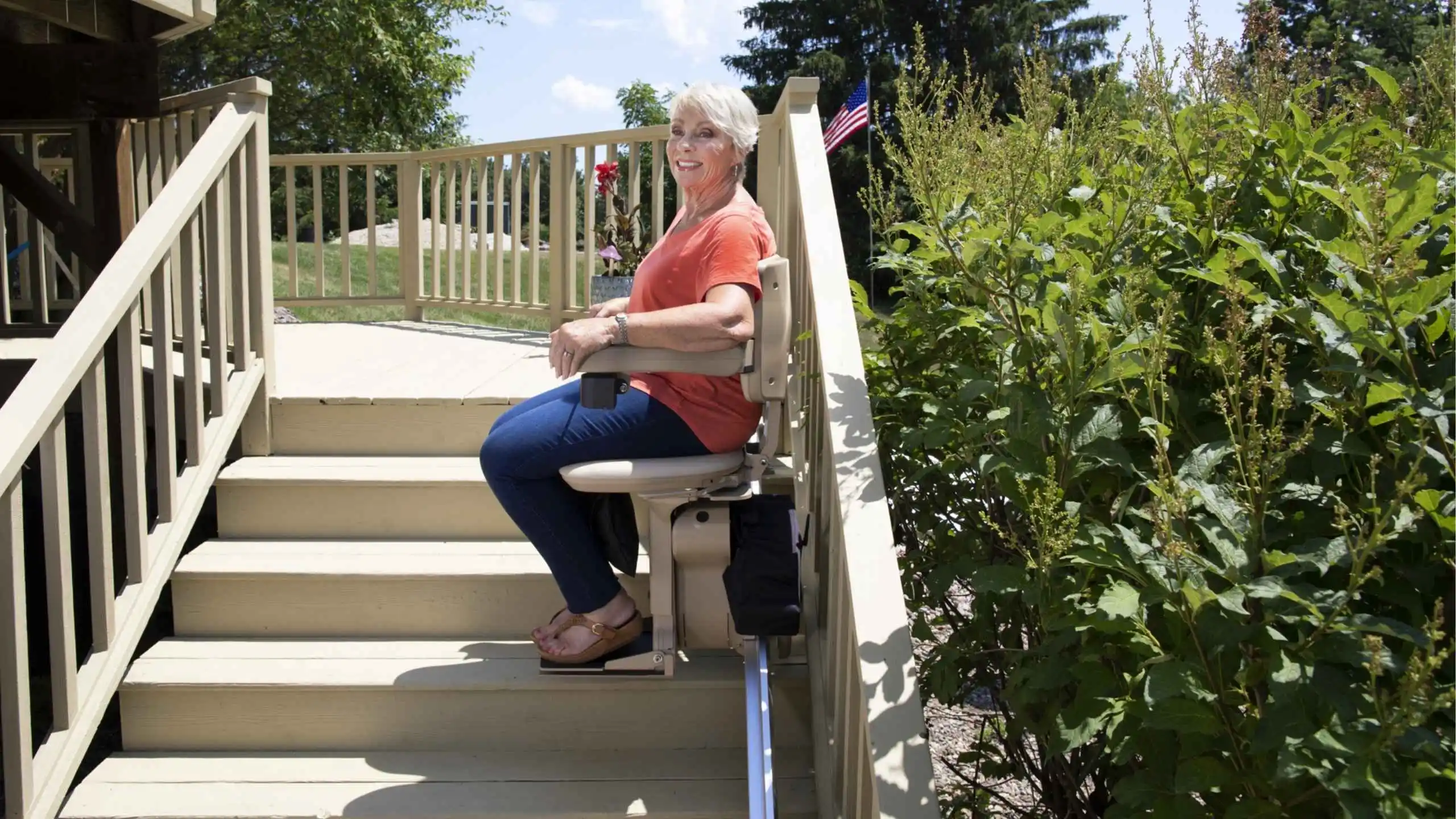 a woman sitting on stairs