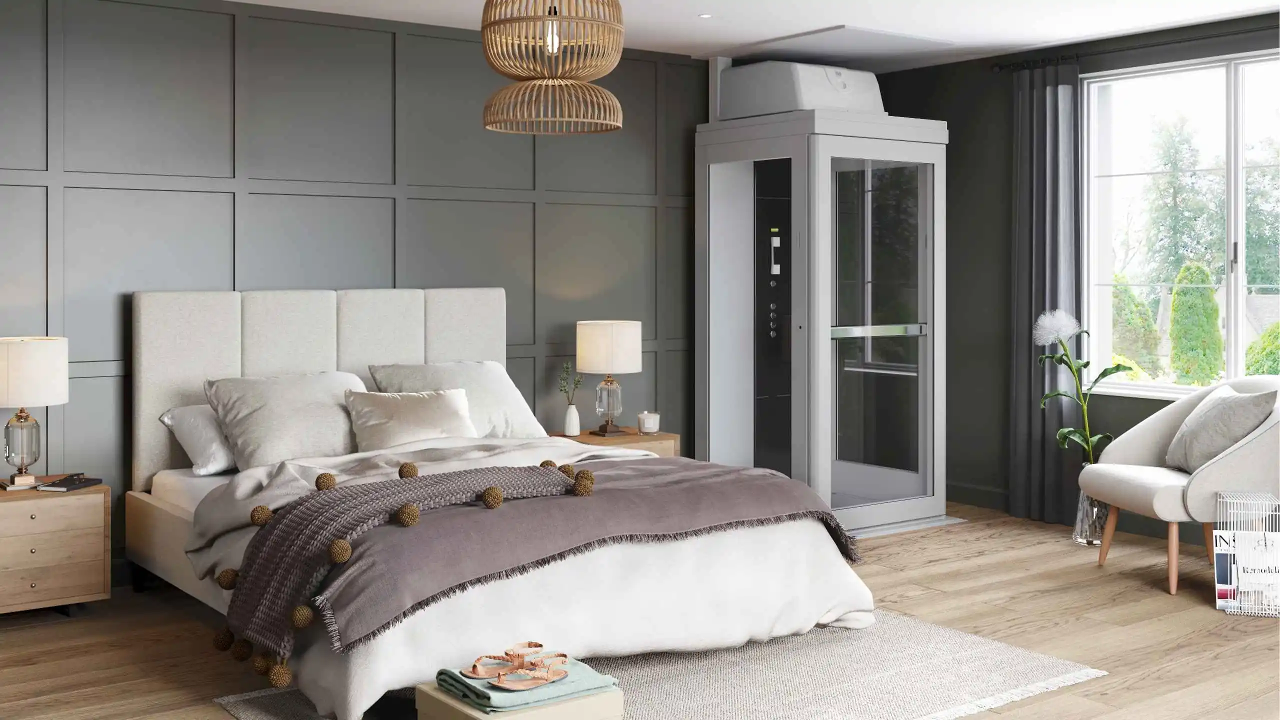 a bedroom with a glass elevator and a bed