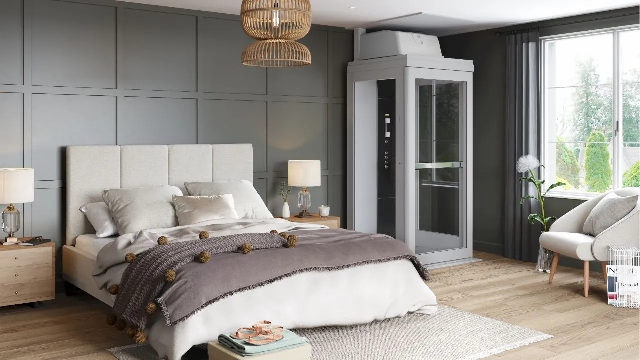 a bedroom with a glass elevator