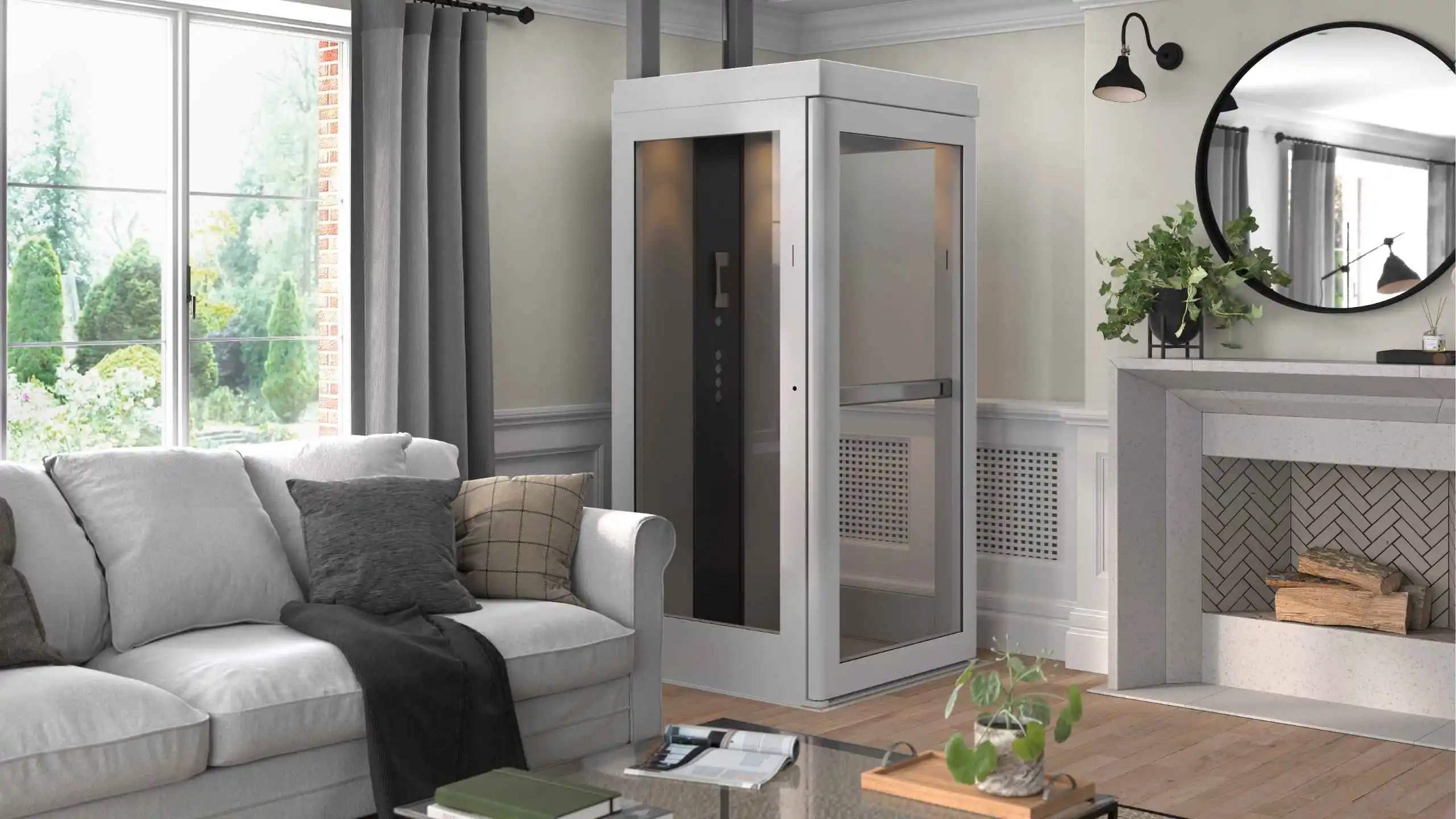a room with a glass elevator