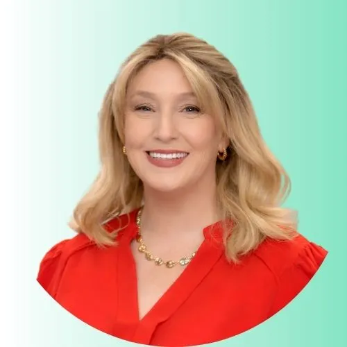 a woman in a red shirt