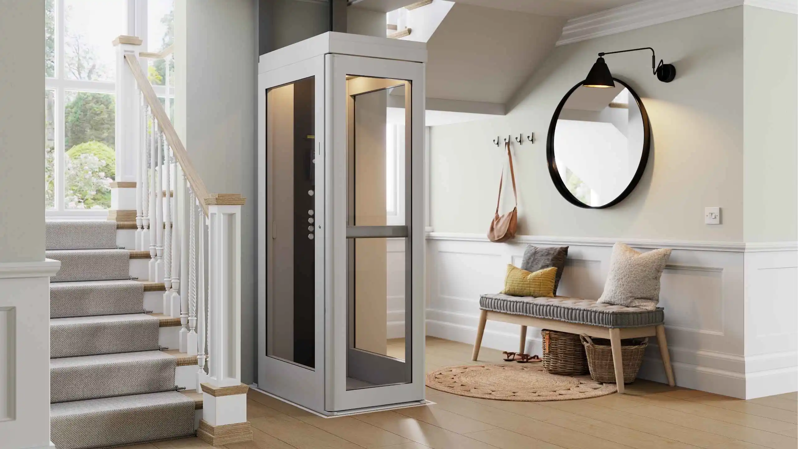a room with a glass elevator and a bench