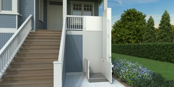 a platform lift next to a long stair case